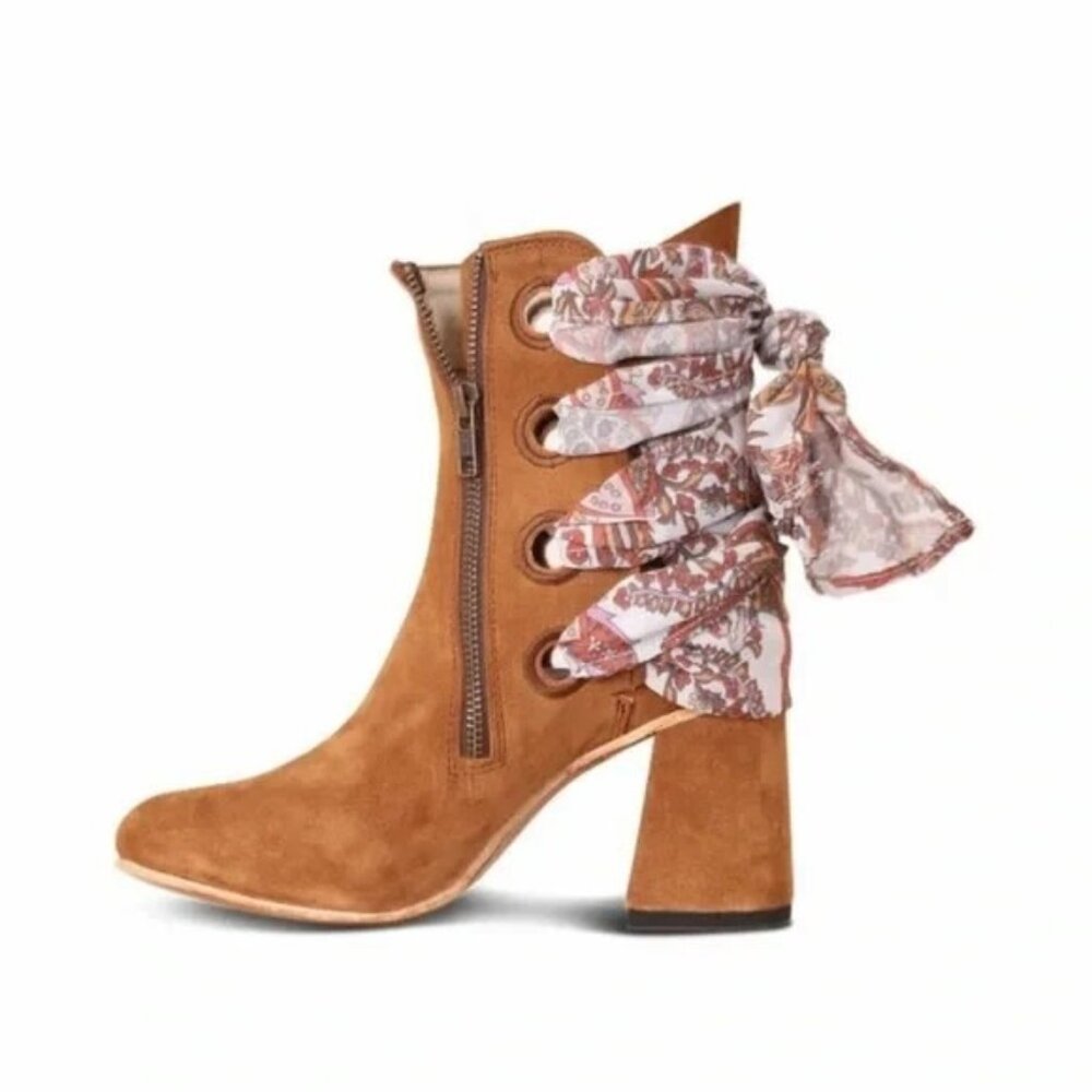 Freebird Tempo Ankle Boots Side Zip Scarf Lace Up Block Heel Suede‎ Leather Sz 7